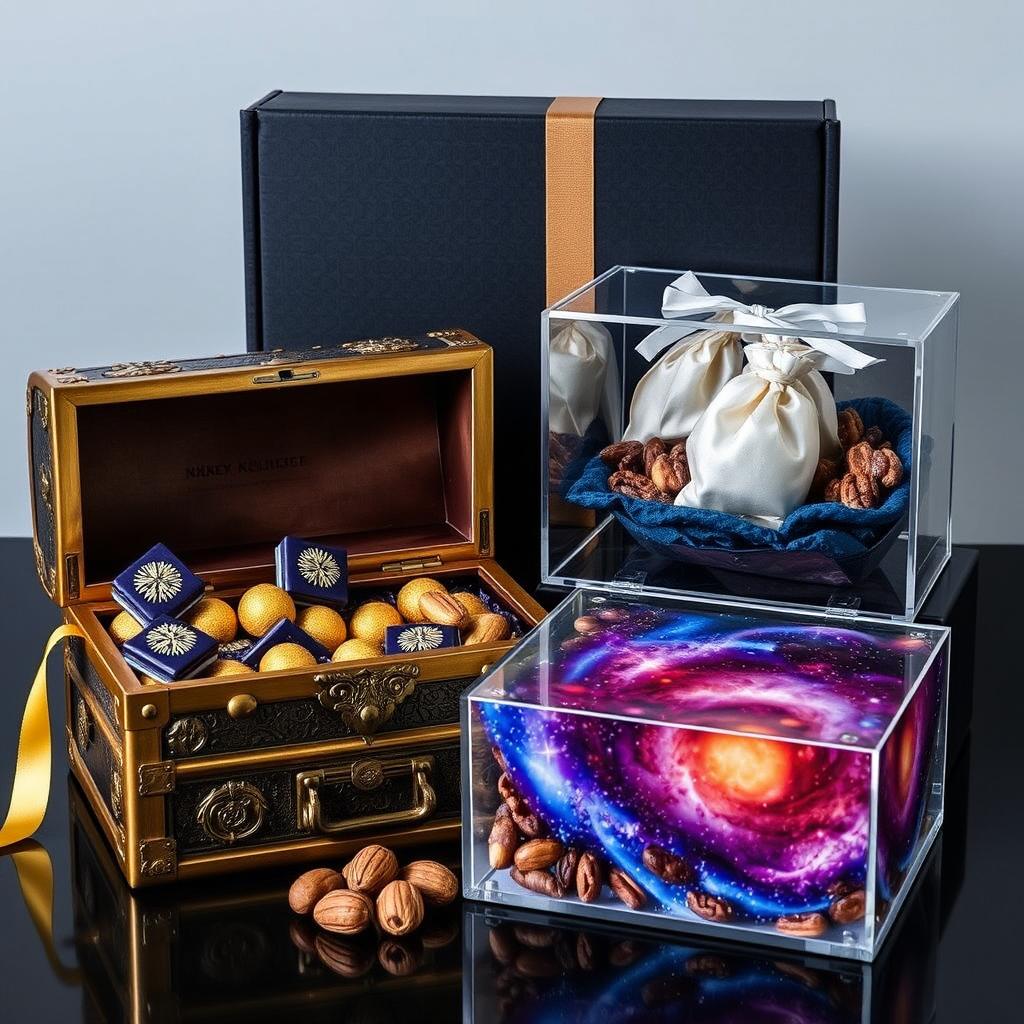 A stunning collection of ultra-luxury interactive gift boxes: an antique treasure chest elegantly filled with gold-dusted chocolates, exuding opulence and charm