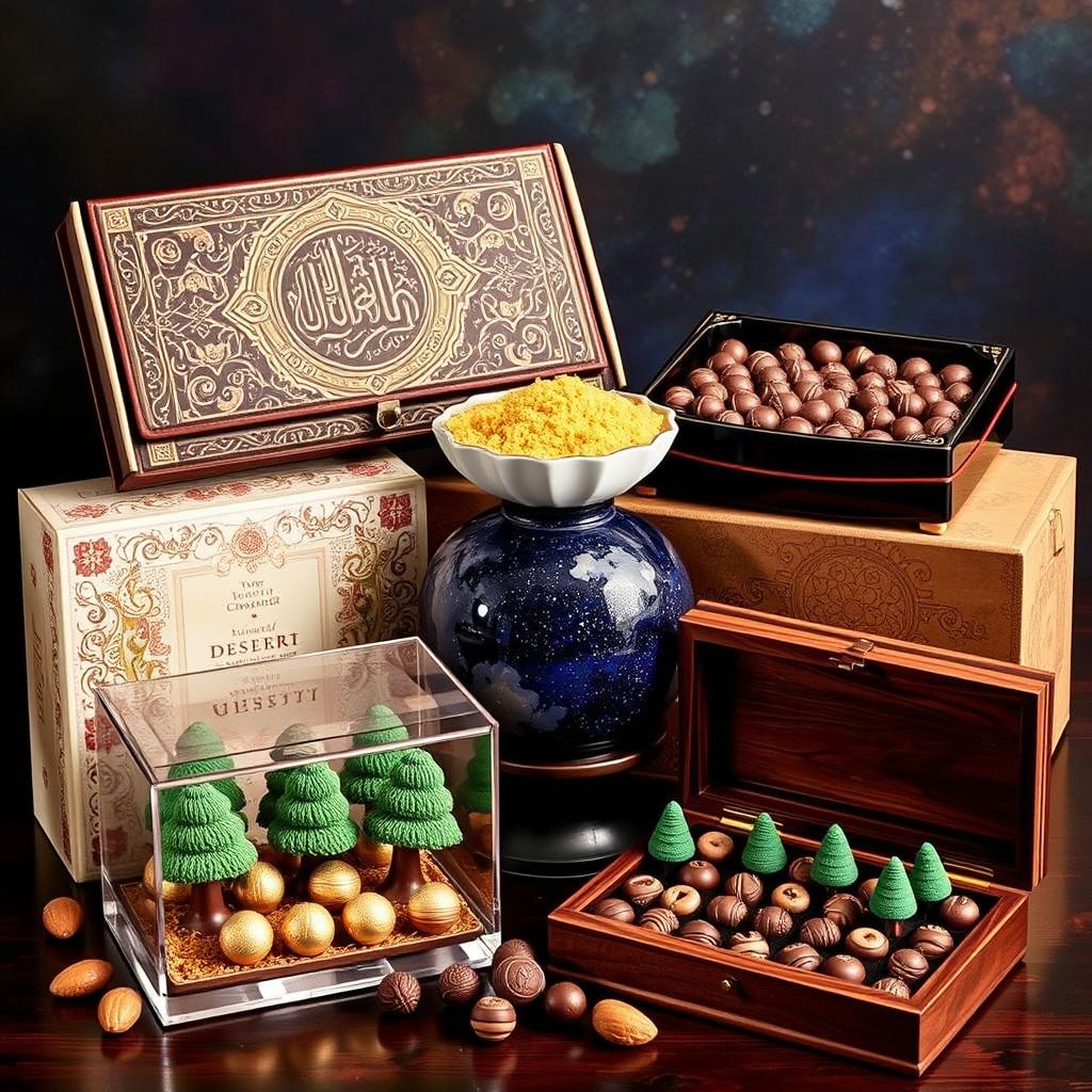 A captivating collection of magical Persian gift boxes: a 'Shahnameh' leather box adorned with intricate designs, filled with heroic chocolate figurines that represent legendary characters