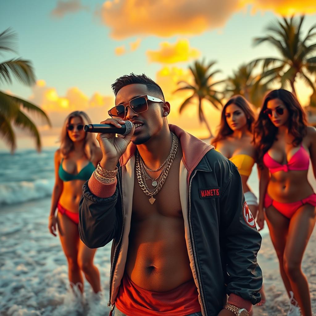 A confident young male rapper performing on a tropical beach during sunset, wearing stylish sunglasses, a designer jacket, and gold chains, holding a mic