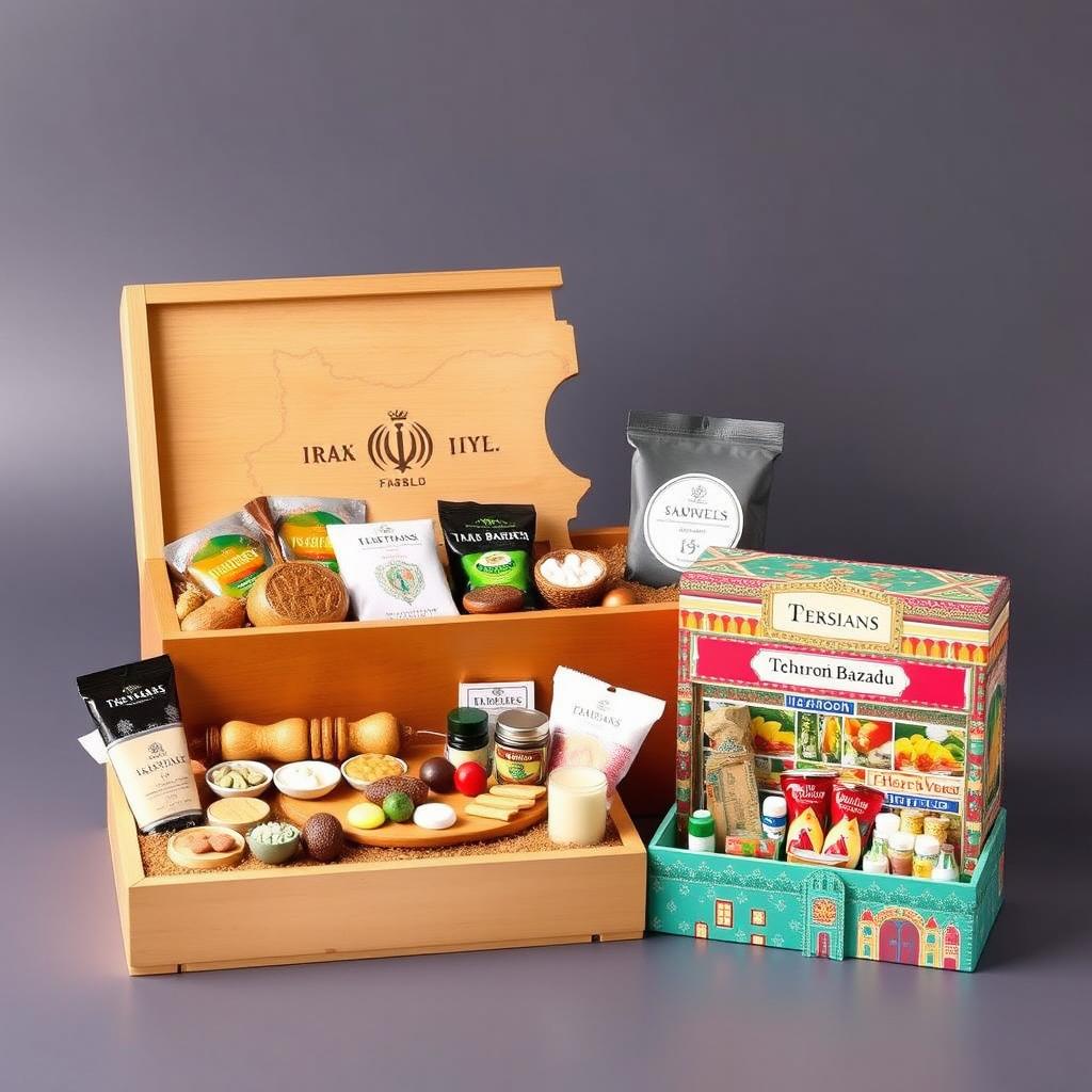 A delightful assortment of Persian souvenir gift boxes: a beautifully crafted Iran map wooden box filled with regional treats that represent the diverse flavors of the country