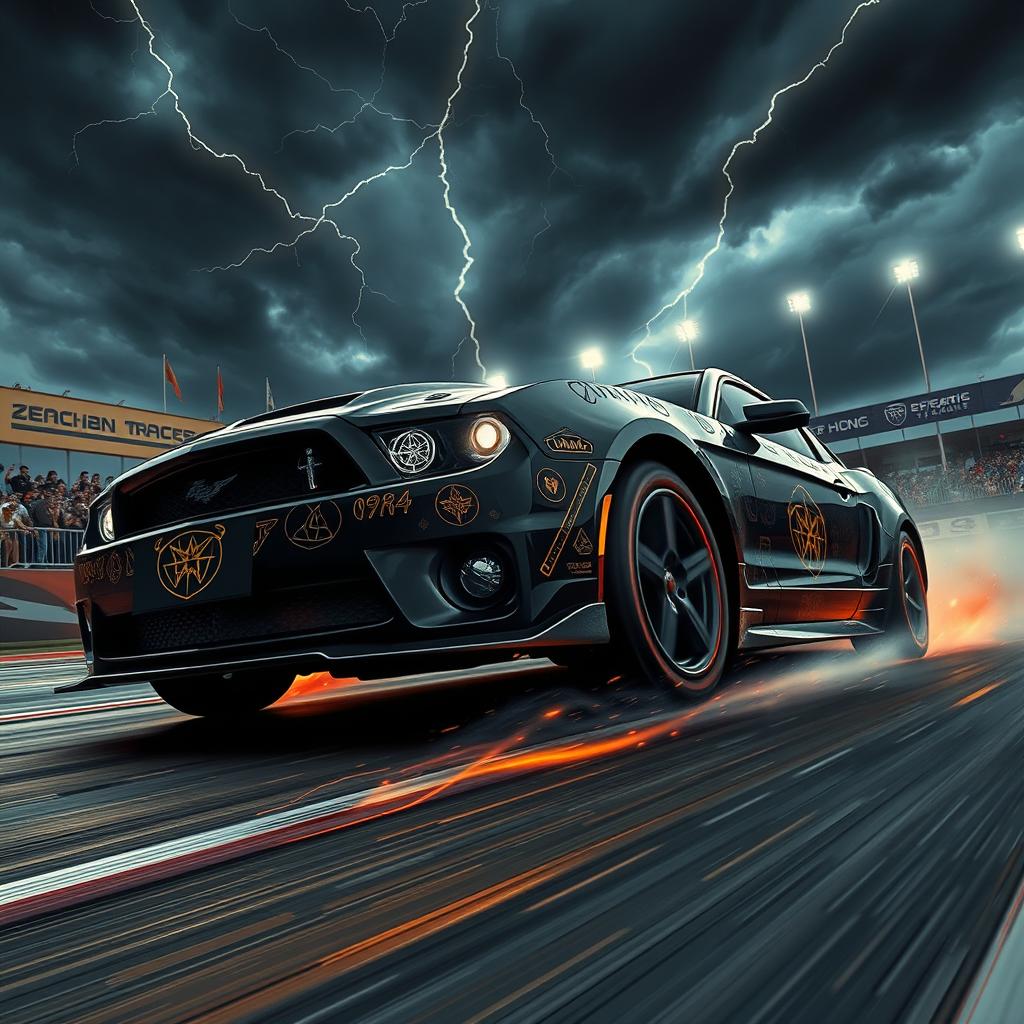 A dynamic scene featuring a high-performance motorsport vehicle with a sleek black design, showcasing elements of black magic through intricate glowing symbols etched into the body of the car
