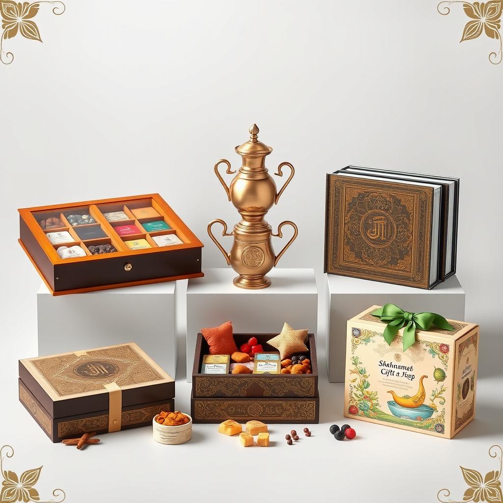 An exquisite showcase of Persian gourmet gift sets: a beautifully crafted 4-season wooden box with elegant glass lids, revealing an array of gourmet delicacies that celebrate the flavors of each season
