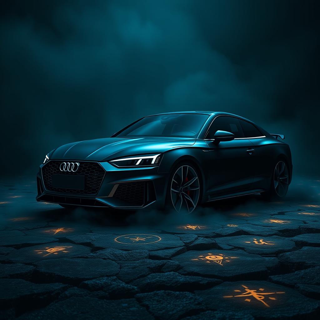 A stunning Audi RS5 with an aesthetic of dark magic, featuring an enigmatic background that conveys a mystical atmosphere