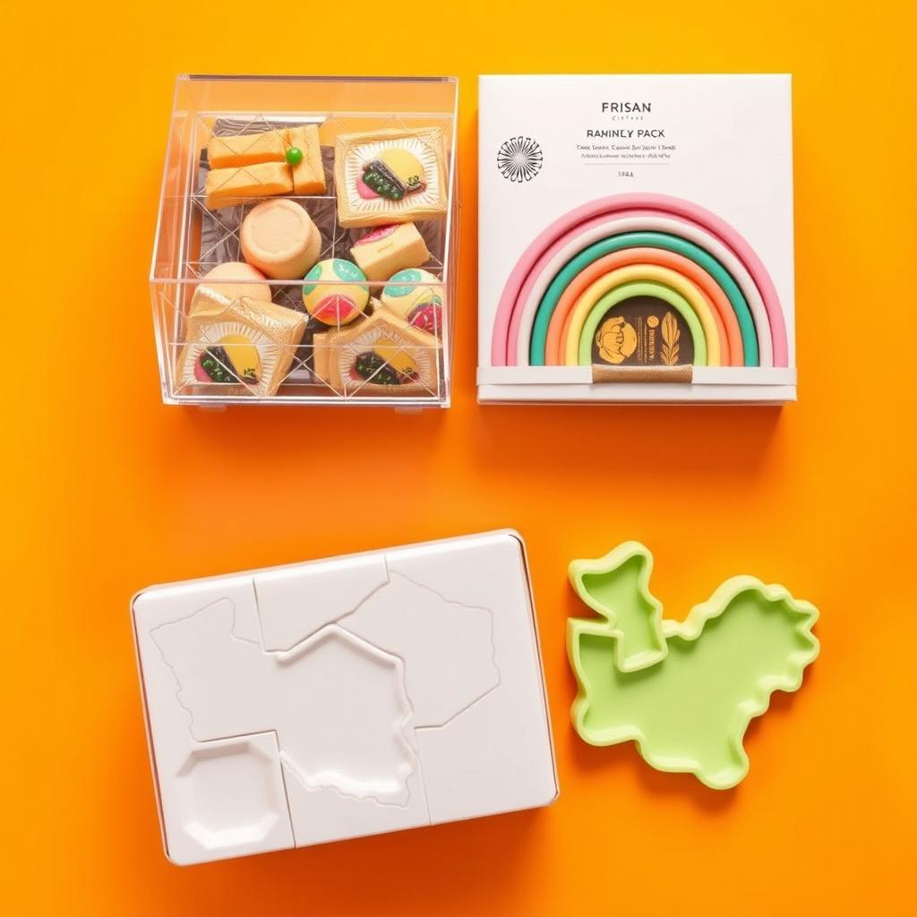 An innovative selection of modern Persian gift sets: a transparent acrylic box featuring trendy geometric patterns that showcase contemporary Persian art while encapsulating delightful treats inside