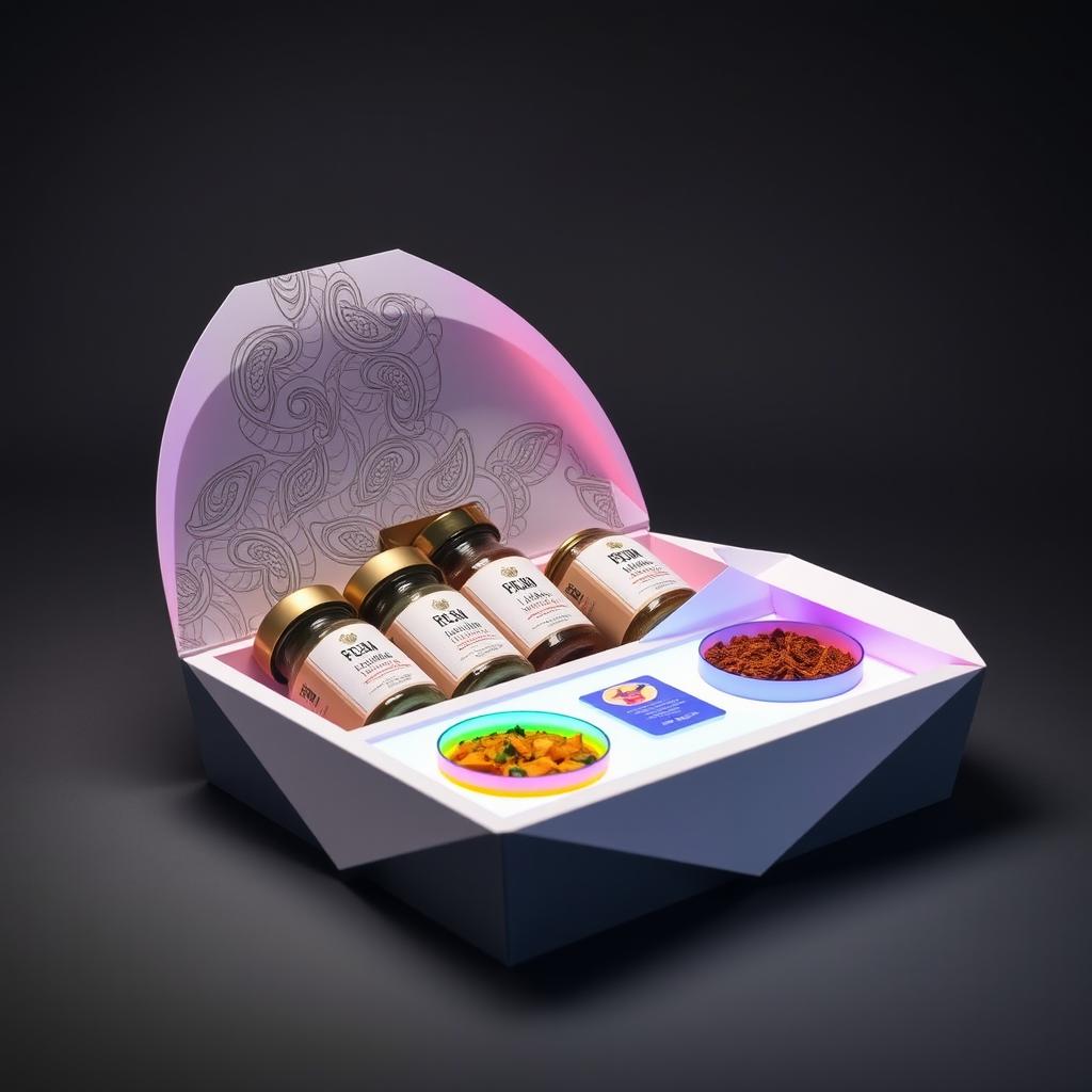 An ultra-modern collection of Persian gift sets that feature cutting-edge design elements: an origami-tech paper package intricately folded and enhanced with thermochromic ink, which changes colors with temperature, creating an interactive unboxing experience