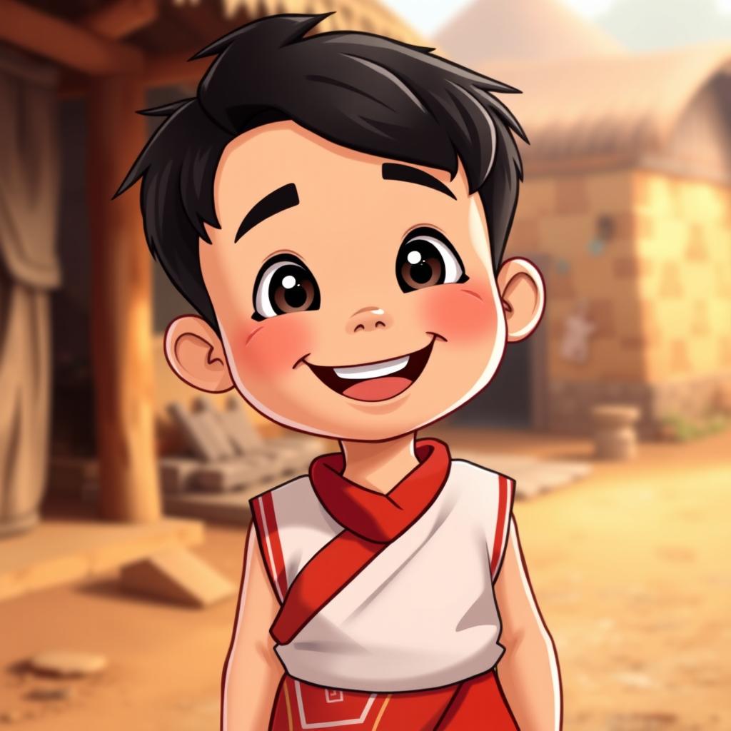 A cheerful cartoon image of a little boy aged between 7 and 9, wearing a bright red sarong with a white border, combined with a sleeveless white banyan (vest)