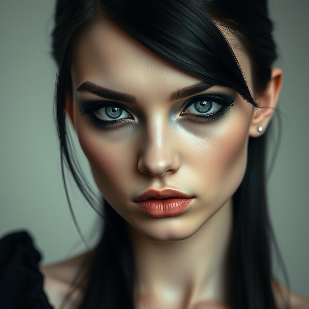 A portrait of a young woman with a neat nose and bigger lips, where the upper lip is larger than the lower one