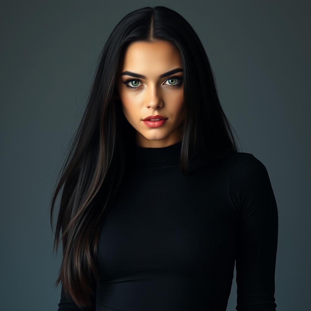 A stunning young woman with long, straight dark hair that cascades down to her hips
