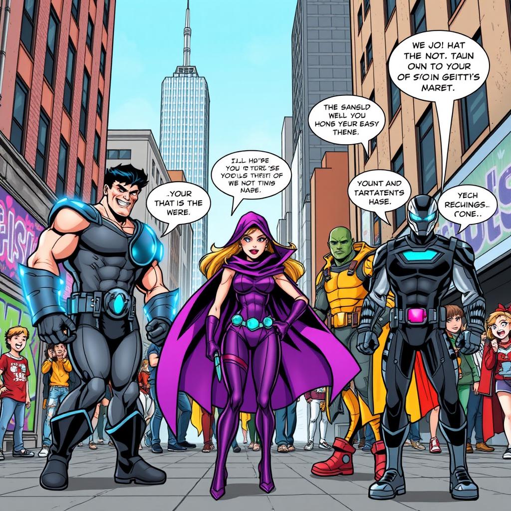 A vibrant comic scene set in a bustling city street, showcasing a group of diverse superheroes in dynamic poses