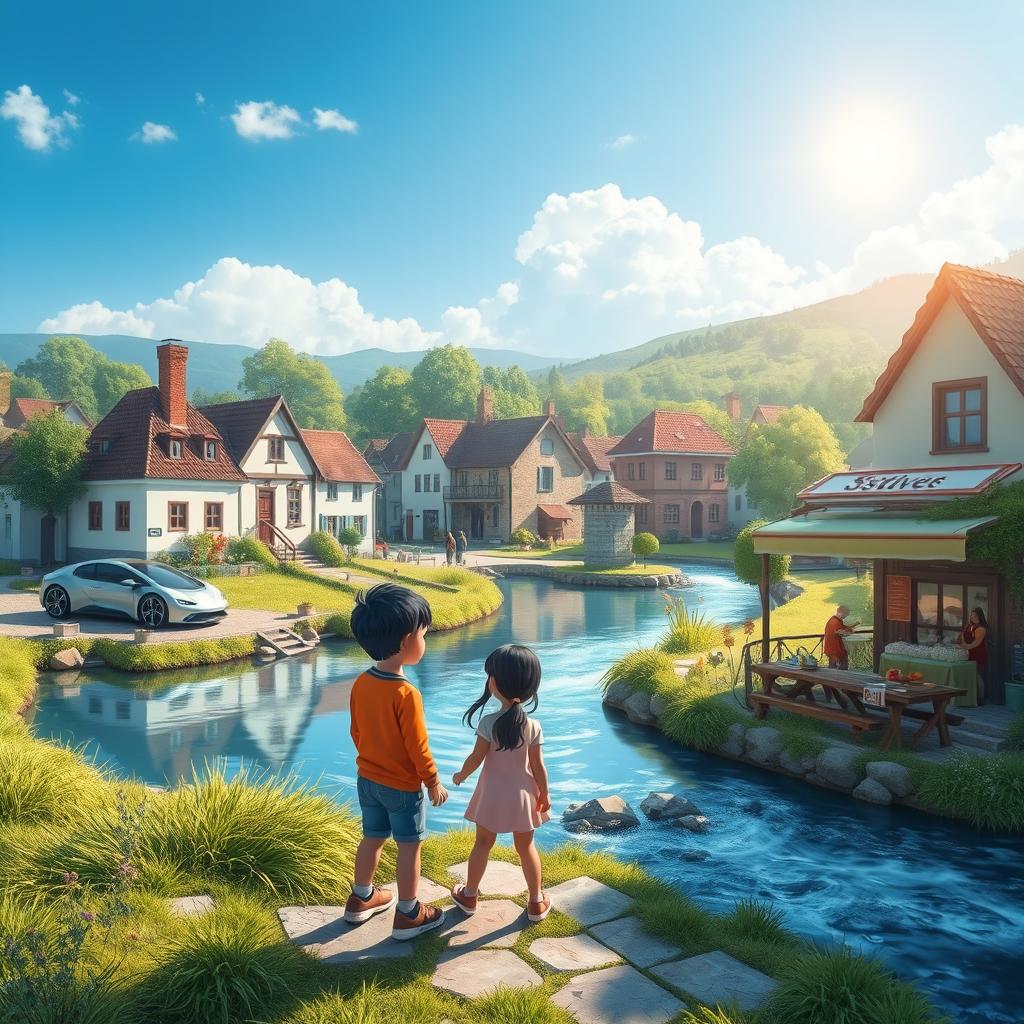 A serene dreamscape depicting a beautiful village with picturesque houses under a bright blue sky
