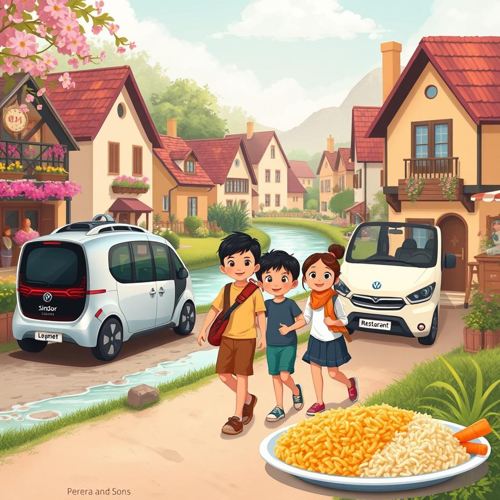 A dreamy scene illustrating a family trip in a quaint village featuring a family of four, alongside a futuristic self-driving van parked nearby