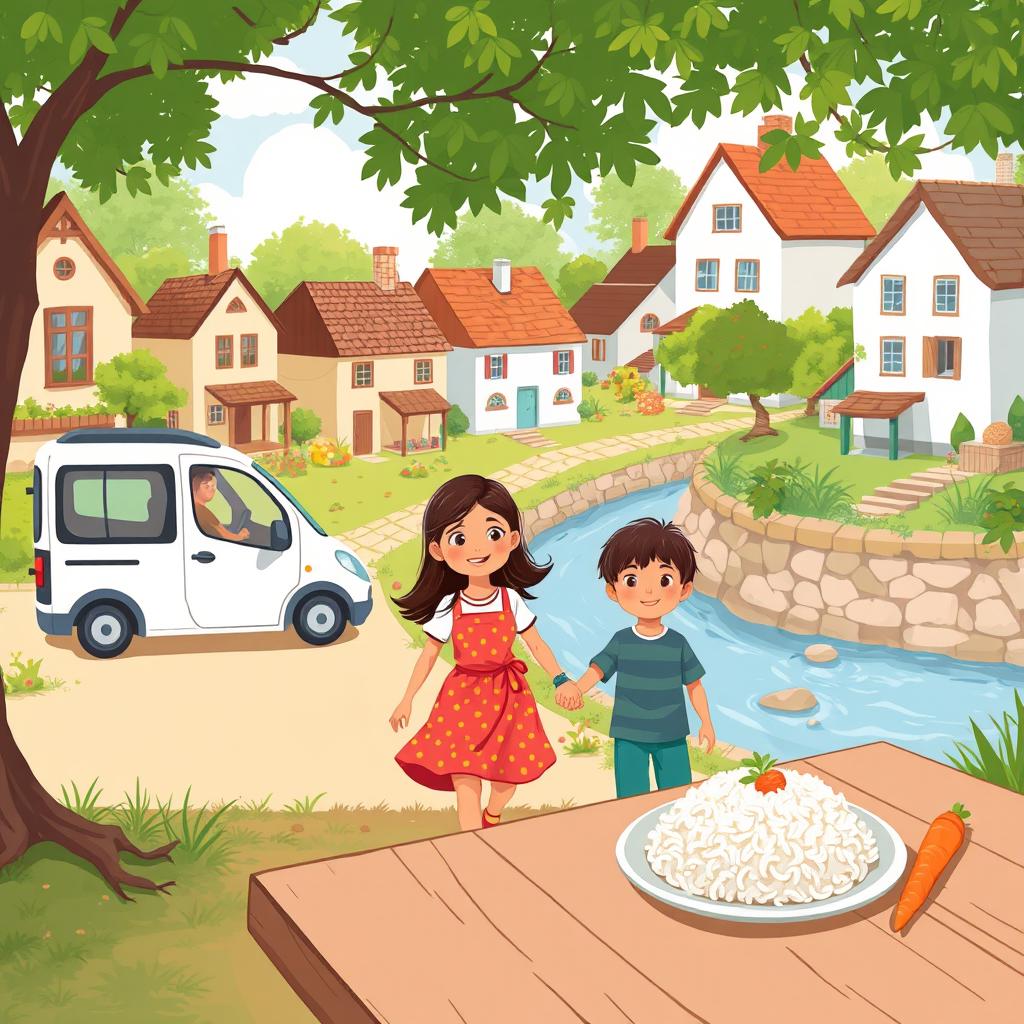 A whimsical and nostalgic illustration of a family adventure in a picturesque village featuring charming houses
