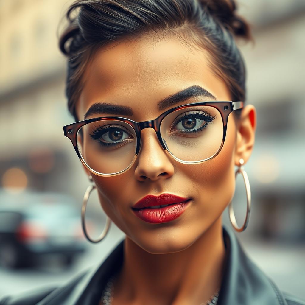 A stylish portrait of a chic individual with a trendy face, adorned with fashionable prescription glasses