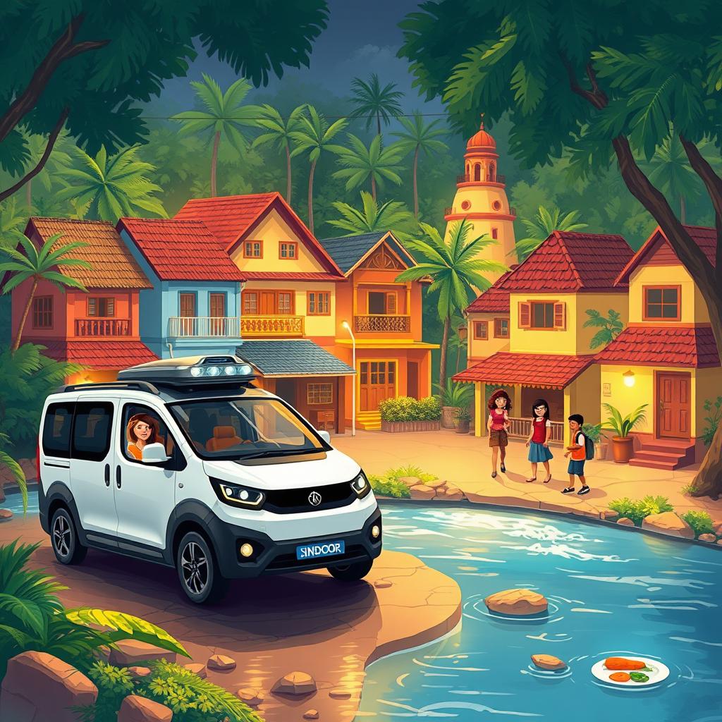 An enchanting scene capturing a family trip in a vibrant Indian village filled with beautiful traditional houses