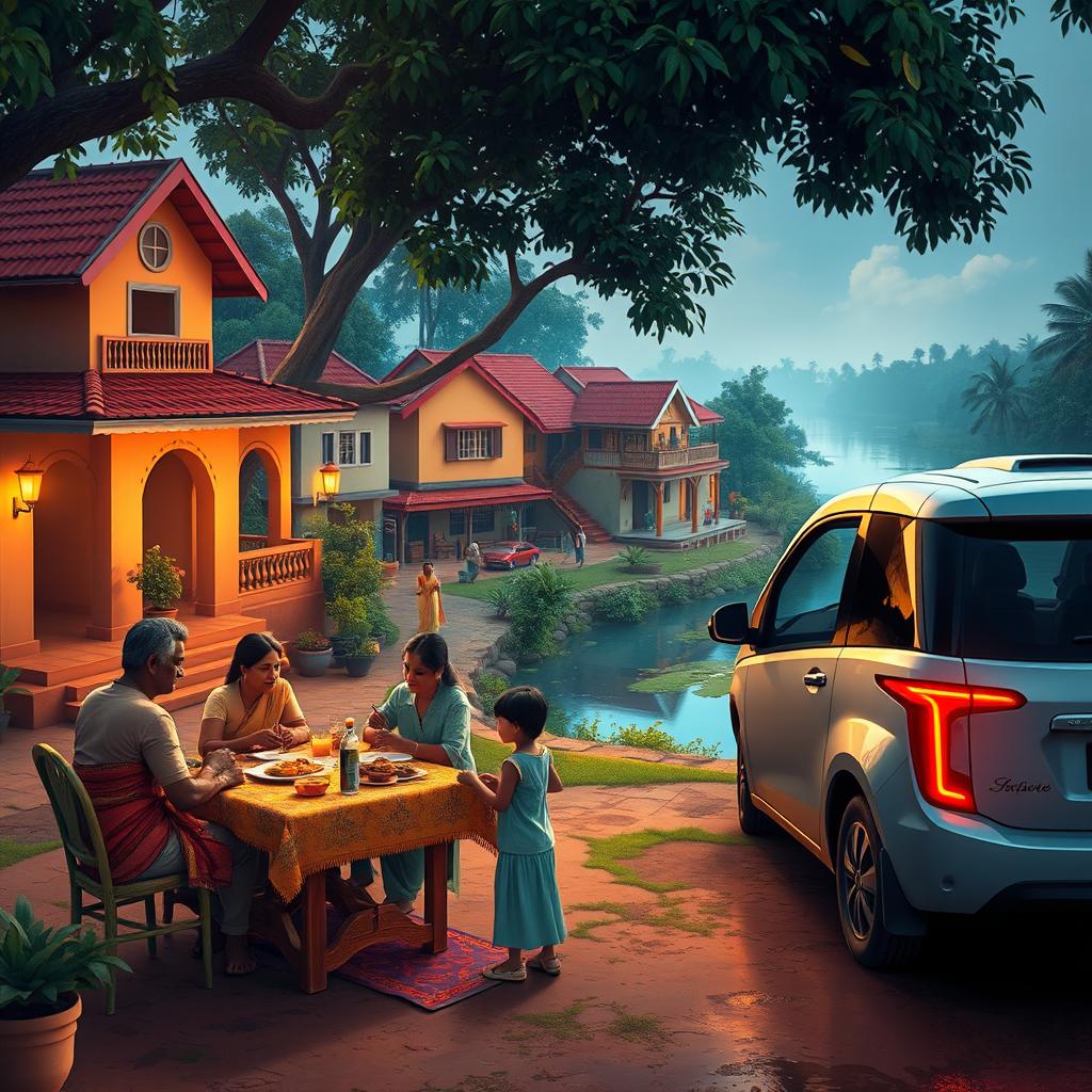 An enchanting scene capturing a family journey in a vibrant Indian village, featuring a futuristic self-driving van parked nearby