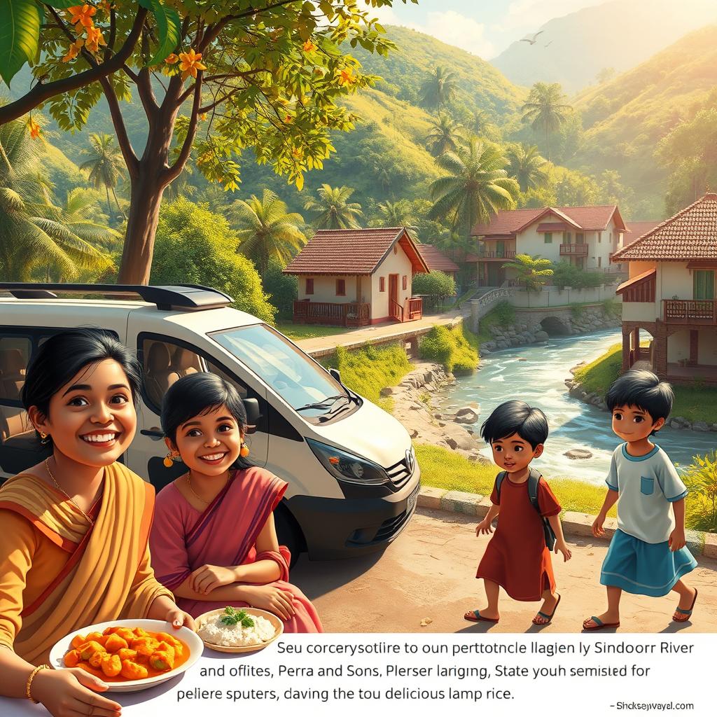 A whimsical and vivid scene capturing a family trip to a picturesque Indian village near the Sindoor River