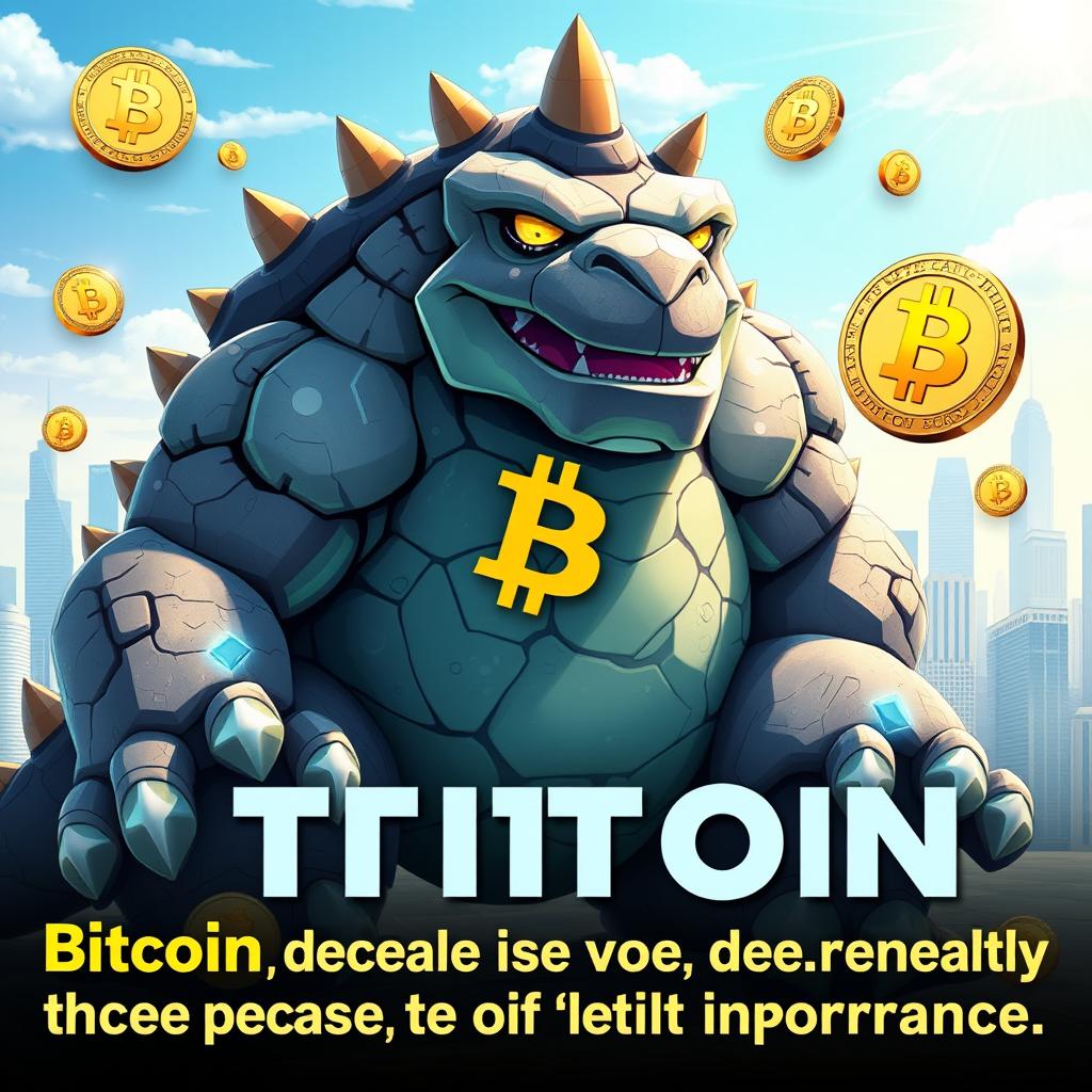 A large, mythical creature resembling Regirock, with a rocky texture and a friendly smile, surrounded by technological elements symbolizing Bitcoin and cryptocurrency, such as coins and blockchain graphics
