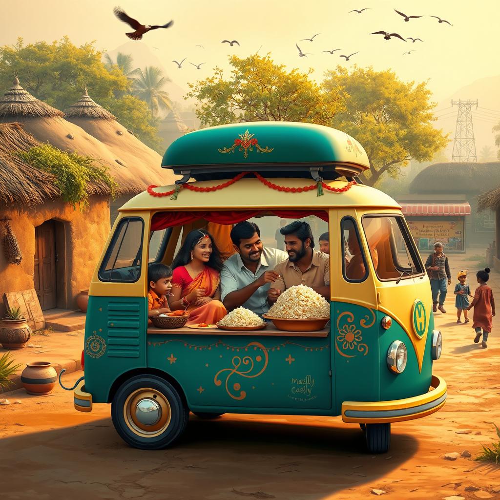 A vivid scene depicting an Indian village atmosphere with traditional mud houses and lush greenery