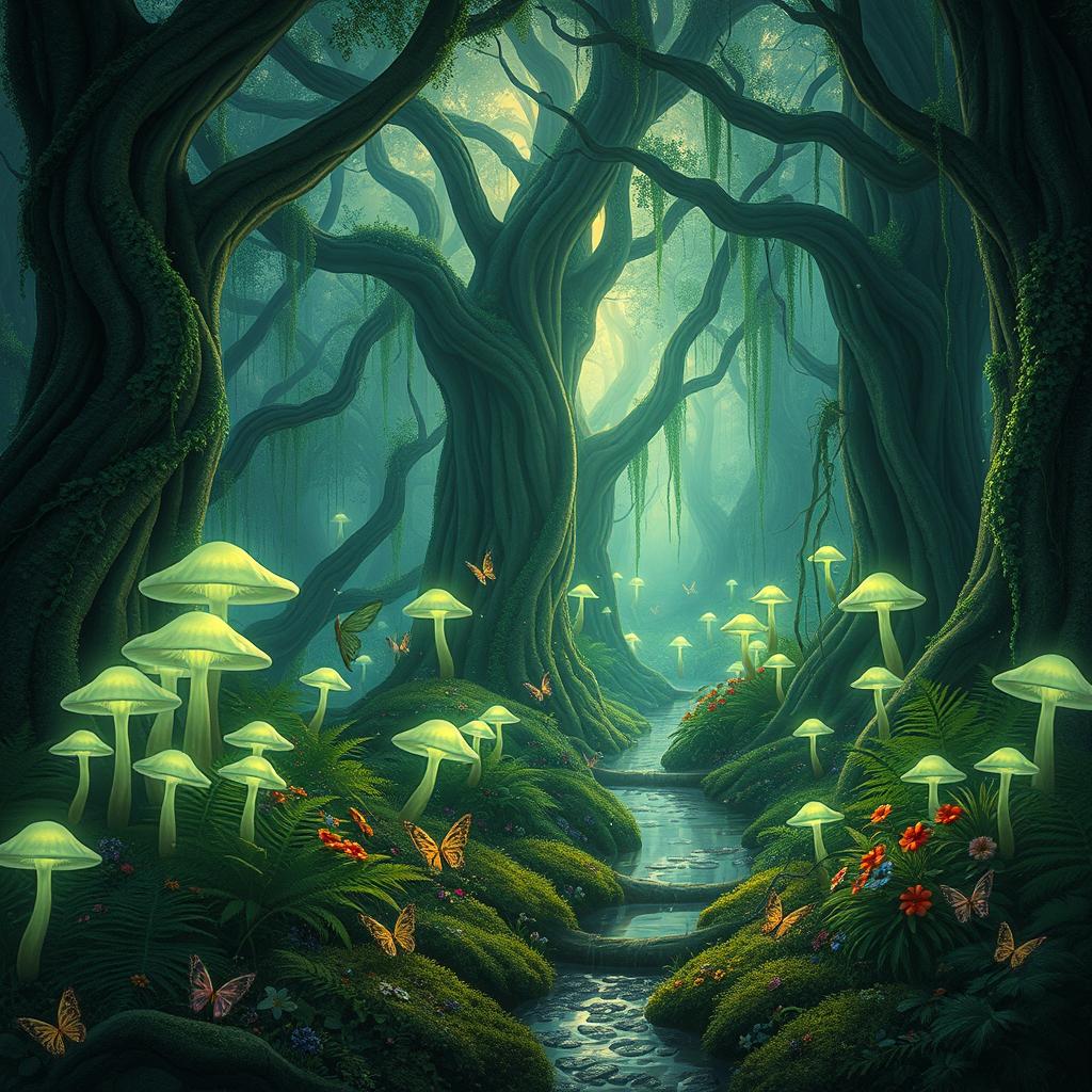 An enchanting forest filled with ethereal glowing mushrooms, surrounded by towering ancient trees draped in emerald green vines