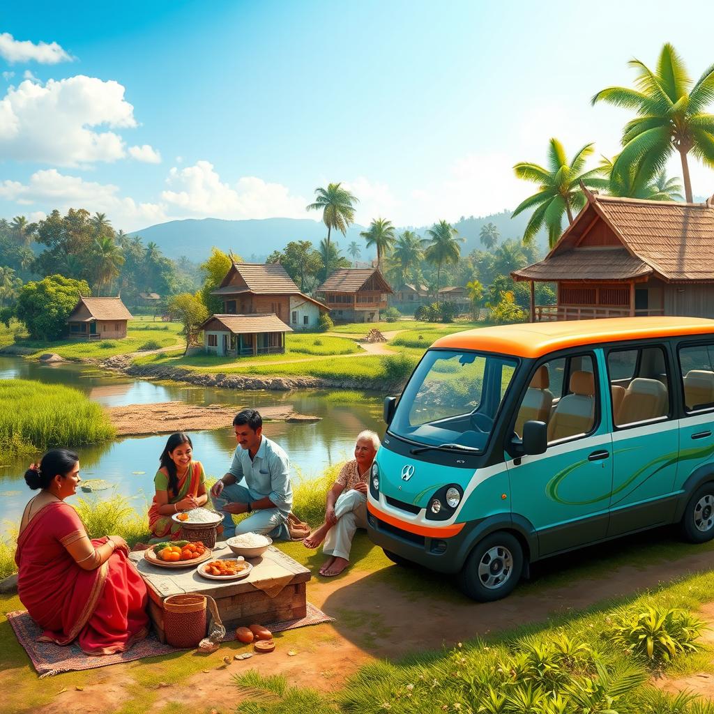 A vibrant and picturesque scene depicting an Indian village with lush greenery and traditional houses, set alongside the serene Sindoor River