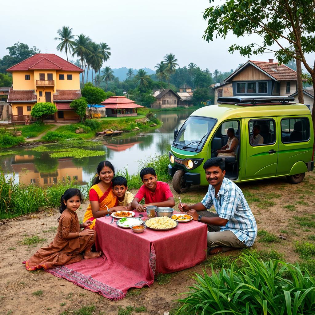 A joyful scene in an Indian village that reflects a serene ambiance, showcasing a picturesque landscape with traditional village houses and lush greenery by the tranquil Sindoor River