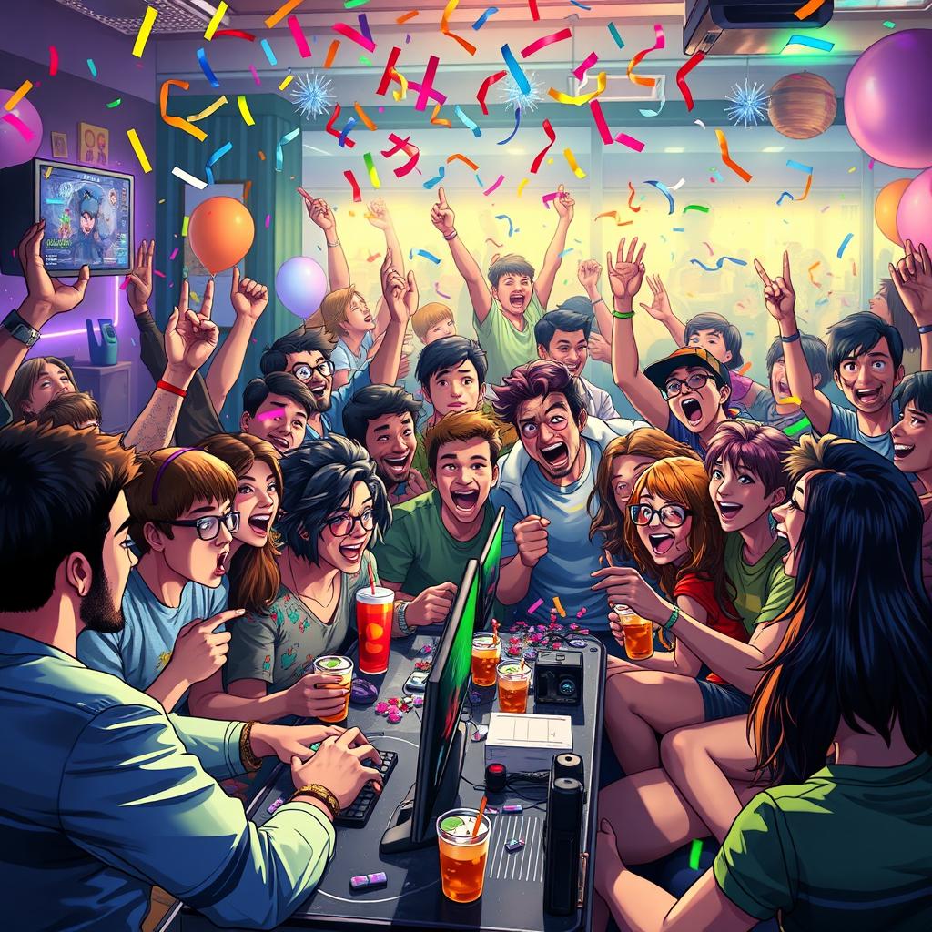 A lively and chaotic party scene featuring a diverse group of characters joyfully celebrating together