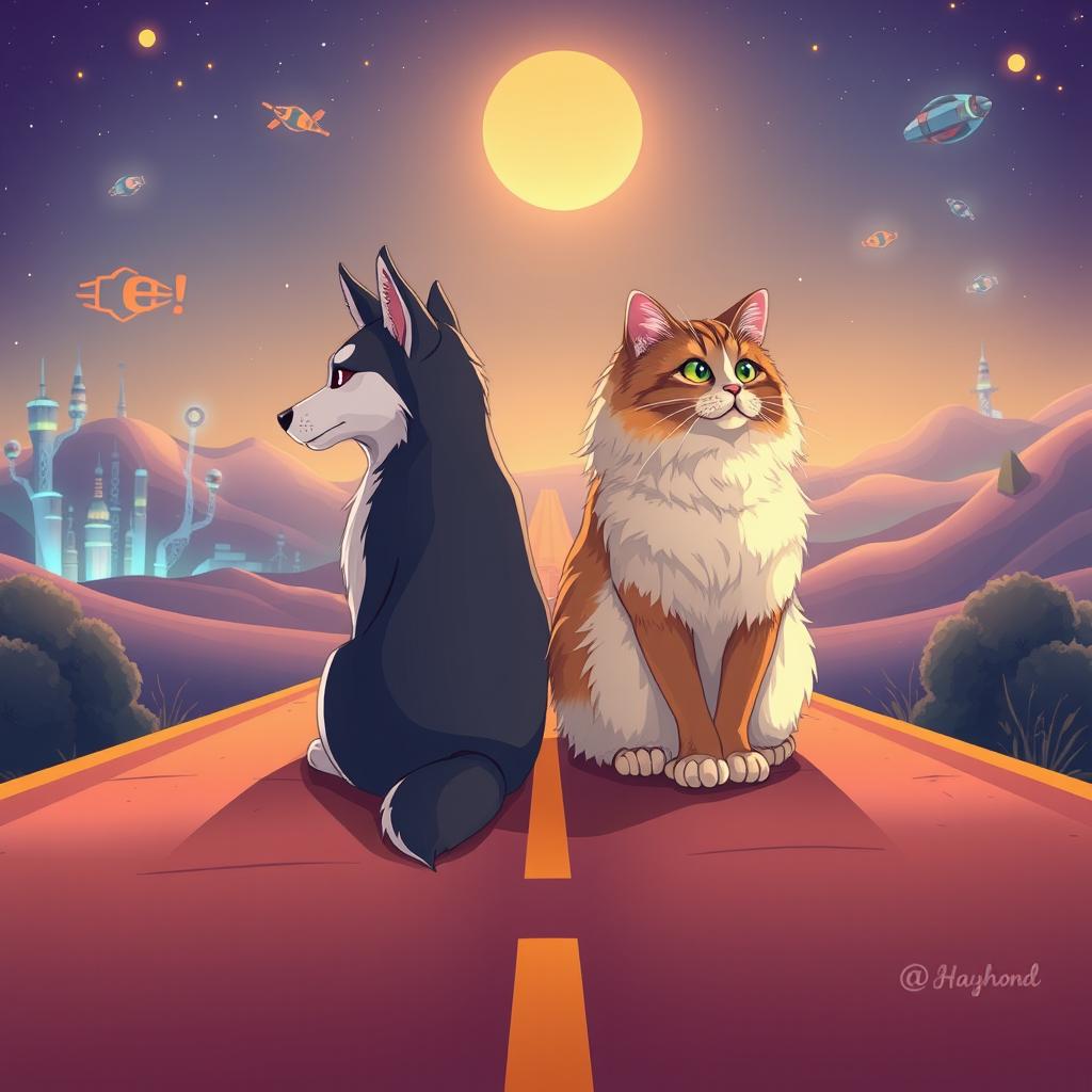 A cartoon-style illustration featuring a Siberian Husky and a Persian cat sitting back to back, gazing into the horizon
