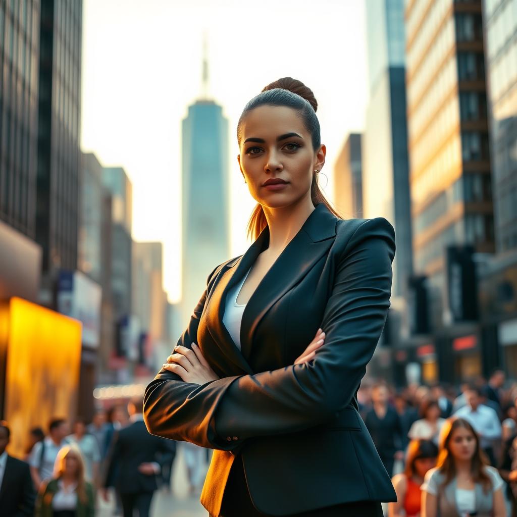 A powerful and confident woman in a sleek, modern business outfit, standing with her arms crossed in a bustling urban environment