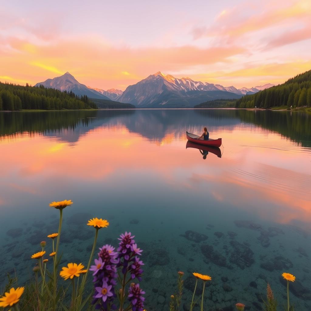 A serene landscape featuring a tranquil lake with crystal clear water reflecting the surrounding mountains at sunset
