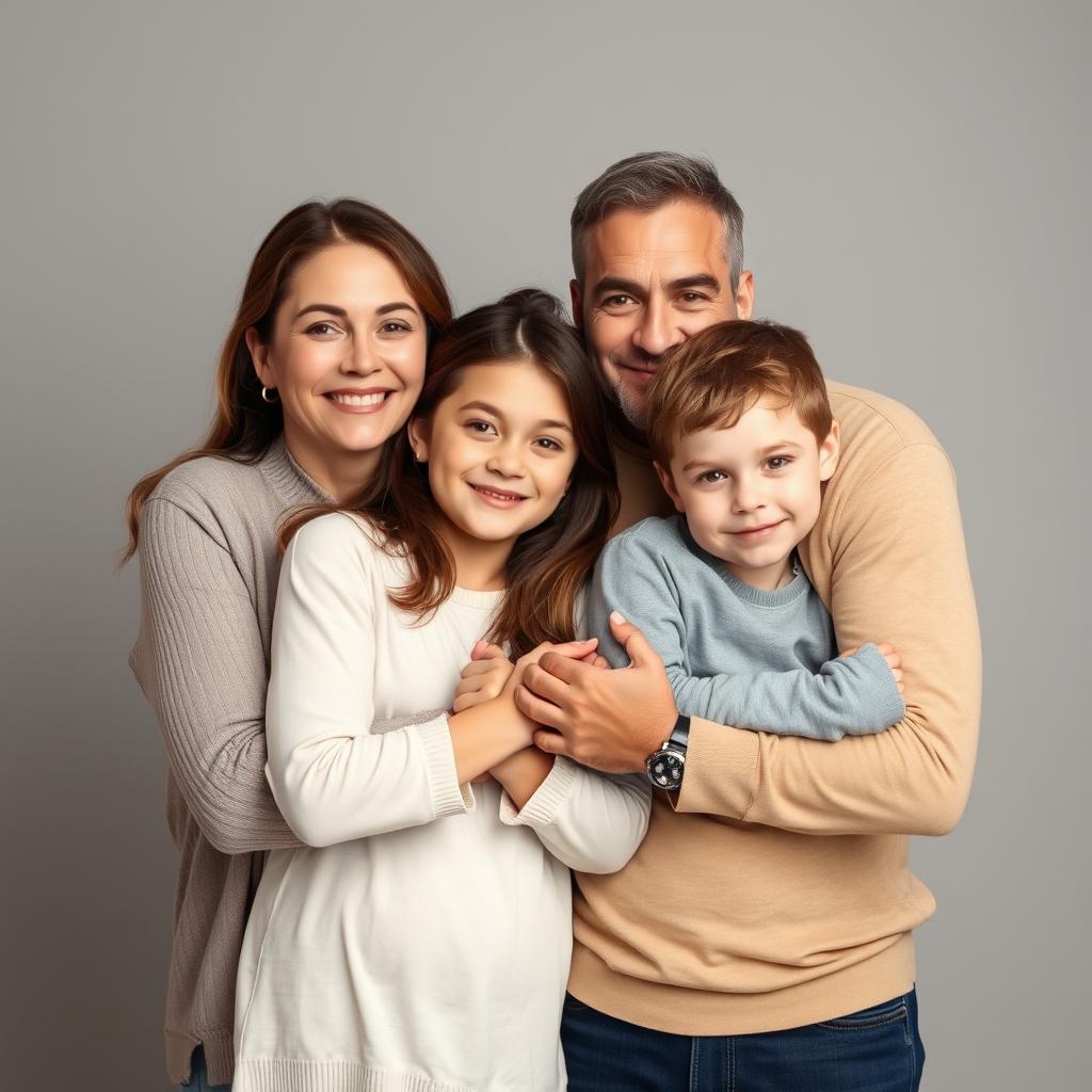 A realistic family photo featuring a mother and father hugging their two children (a son and a daughter) in a warm embrace