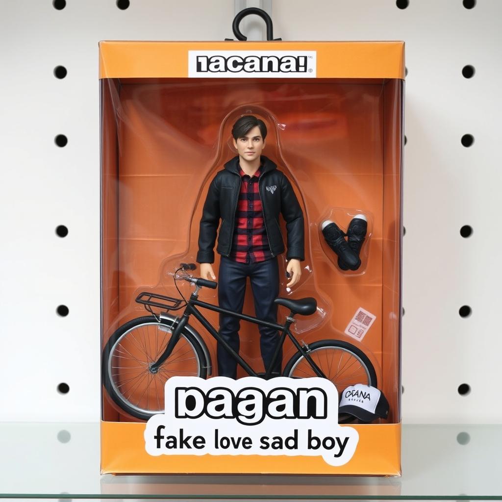 A hyper-realistic collectible action figure of a person, standing tall inside a clear plastic box