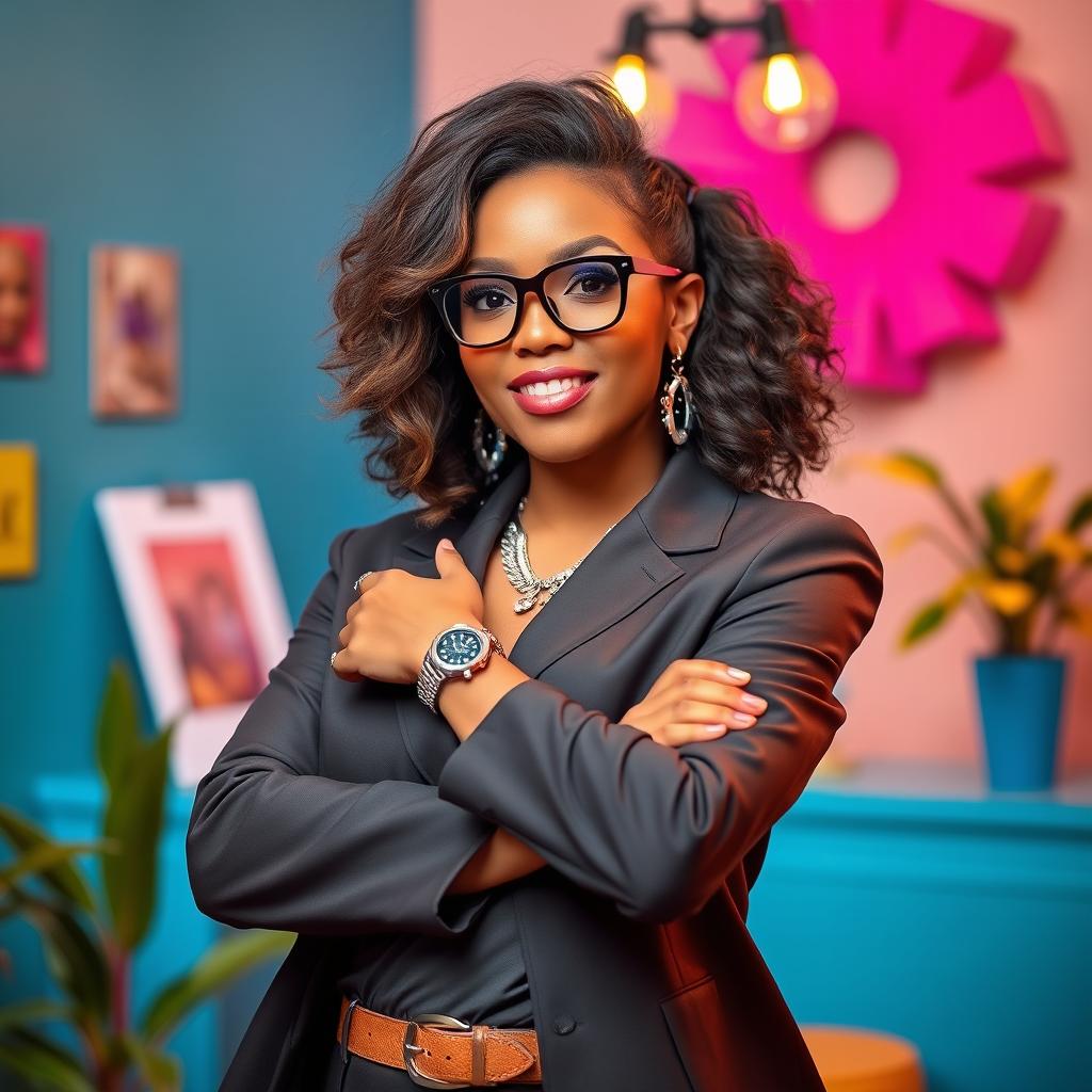 A portrait of a stylish person with a confident expression, featuring impeccable fashion, striking hair, and vibrant background elements