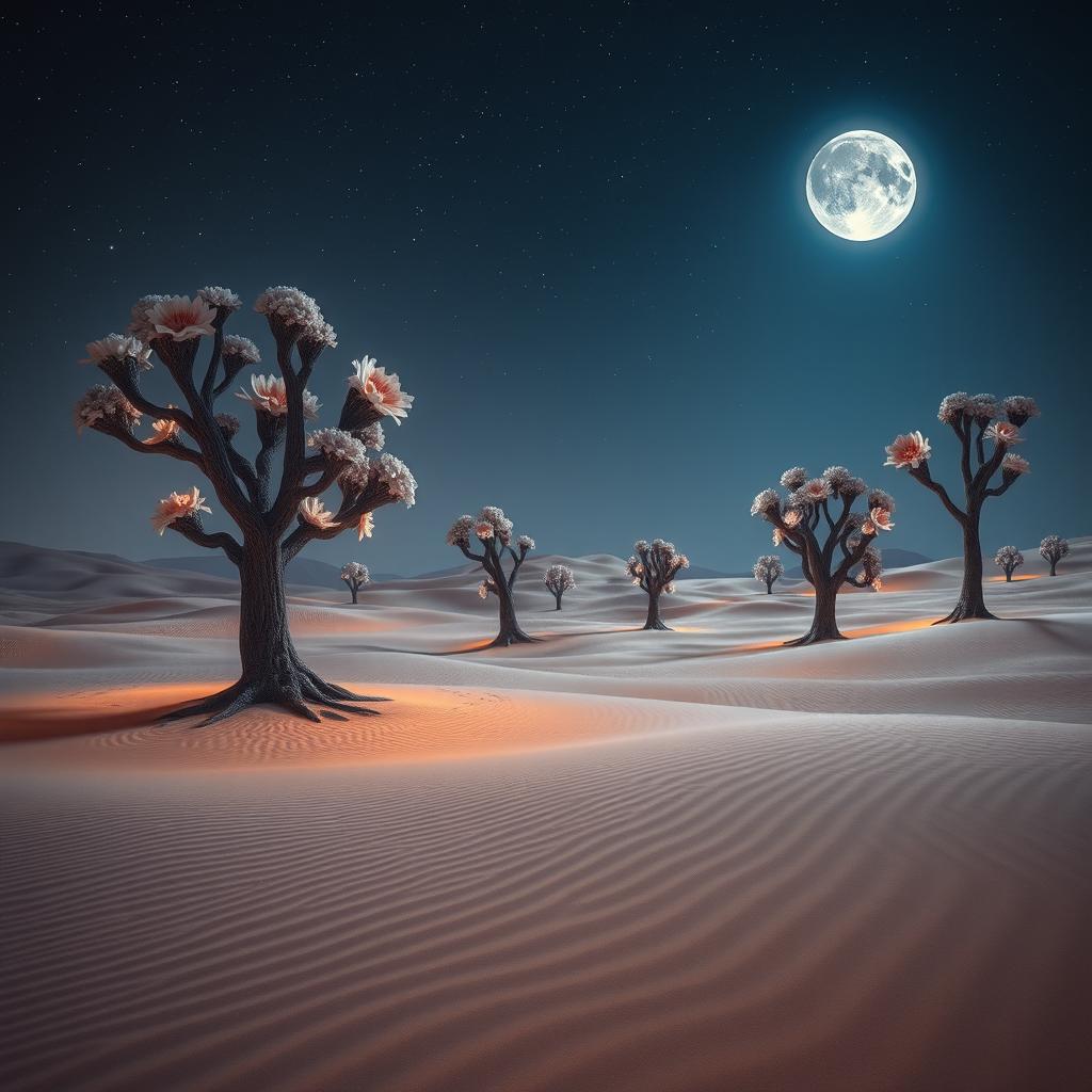 A surreal desert landscape where the sands undulate like silk, featuring bizarre trees that bloom with flowers bathed in lunar light