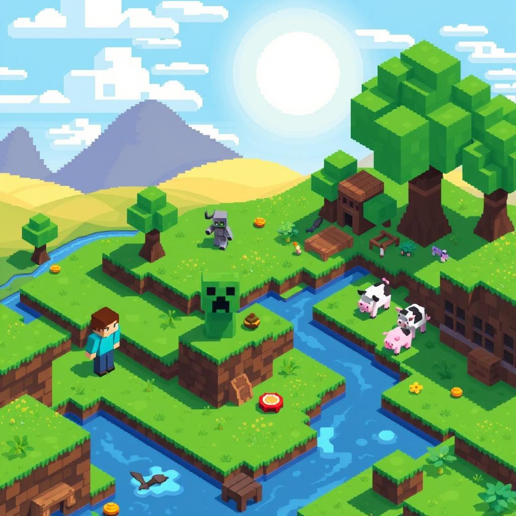 A vibrant 2D pixel art scene depicting the Minecraft overworld, featuring iconic elements like blocky green grass, bright blue skies, and pixelated trees with square leaves