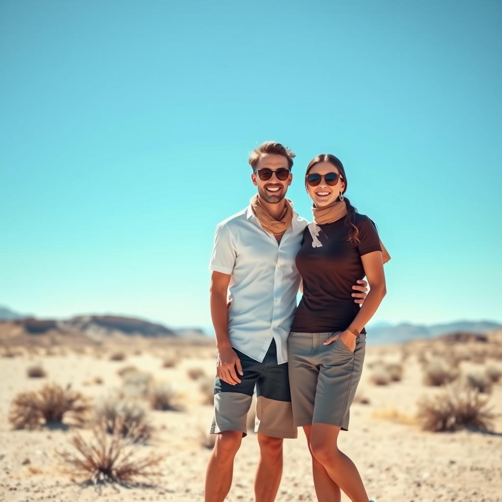 A happy couple standing next to each other on a beautiful desert background, both smiling for the camera