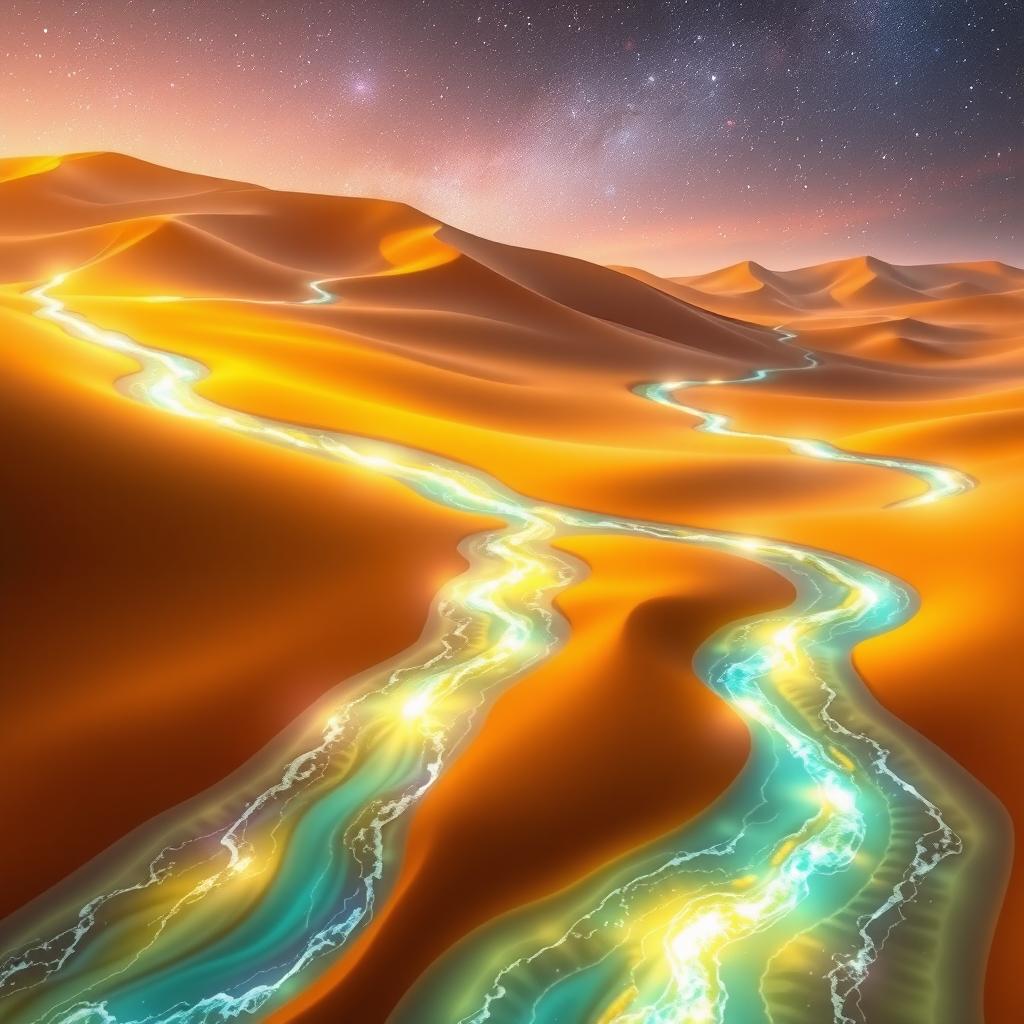 A surreal desert scene where rivers flow from the sands, emitting magical lights that reflect the beauty of nature