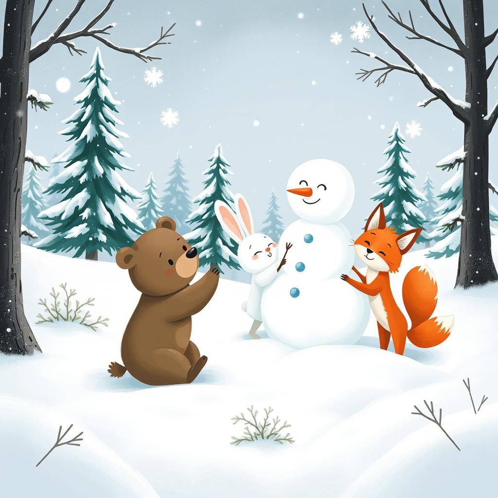 A charming winter scene depicting a little bear, a fluffy white rabbit, and a playful little fox joyfully building a snowman in a snowy forest