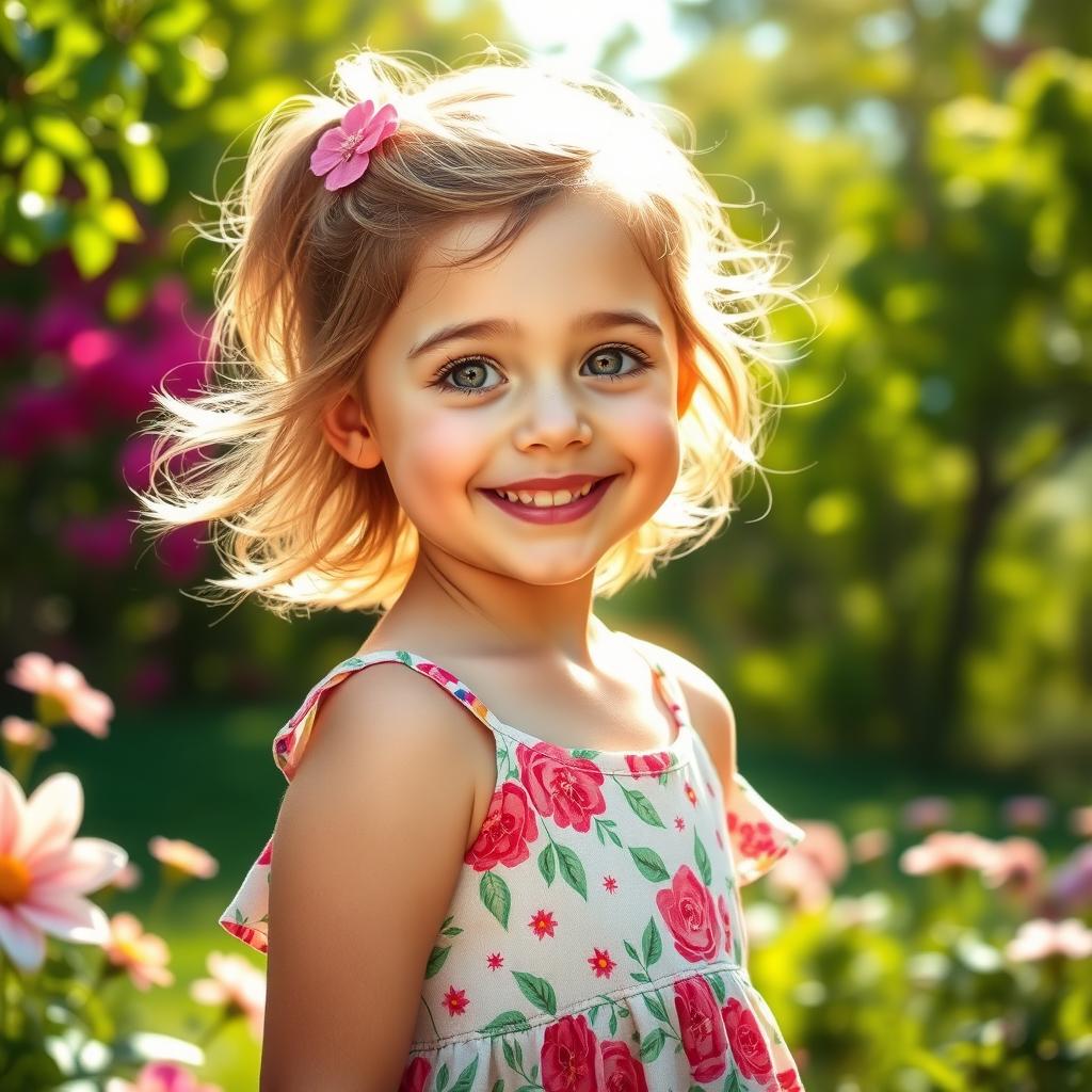 A realistic portrait of a young girl with bright, sparkling eyes and a joyful smile, standing in a sunlit park surrounded by blooming flowers