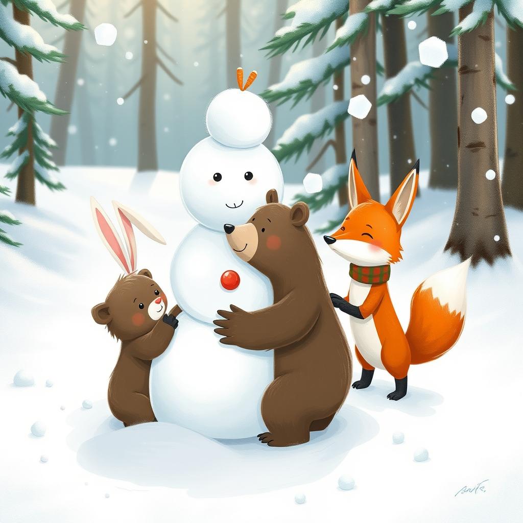 In a whimsical winter forest, a small bear, a cute white rabbit, and an adorable little fox are happily building a snowman together