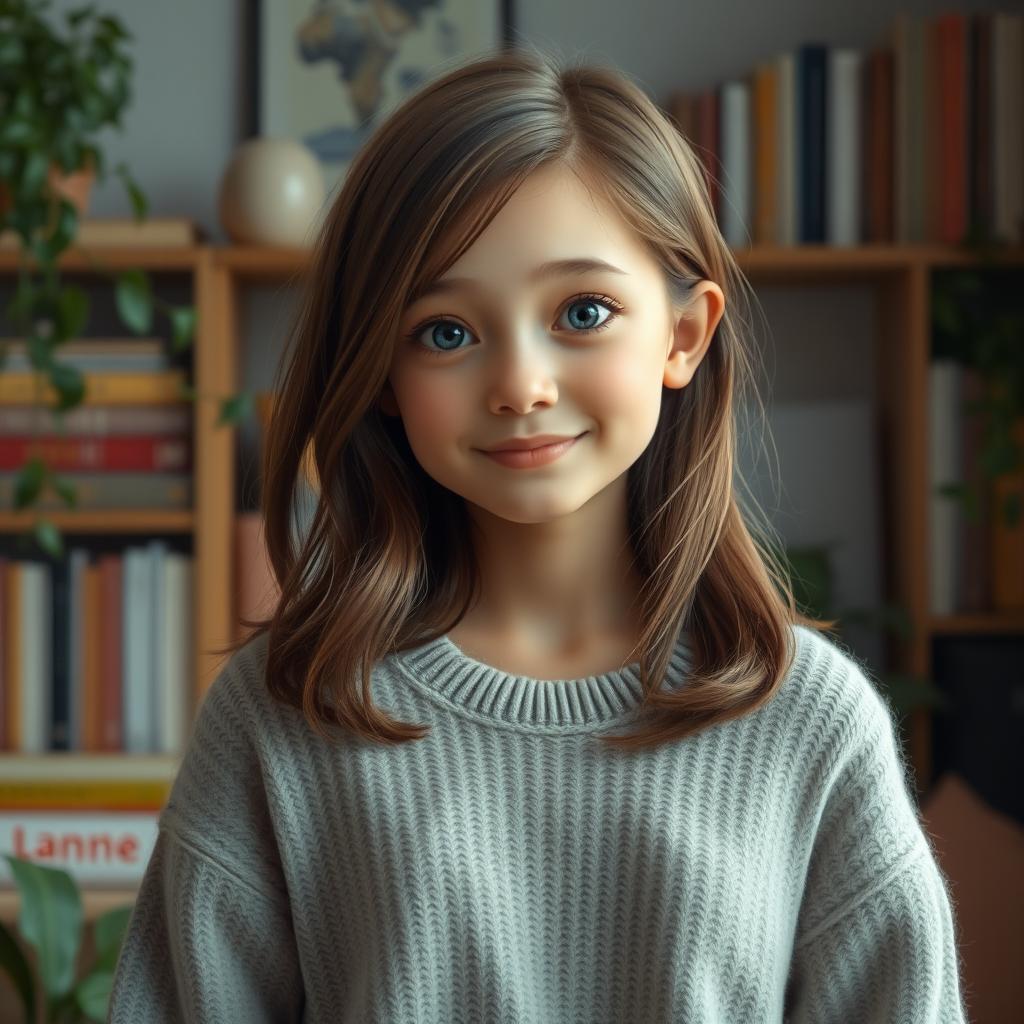 A realistic portrait of a 17-year-old girl, characterized by her tiny frame and slim build