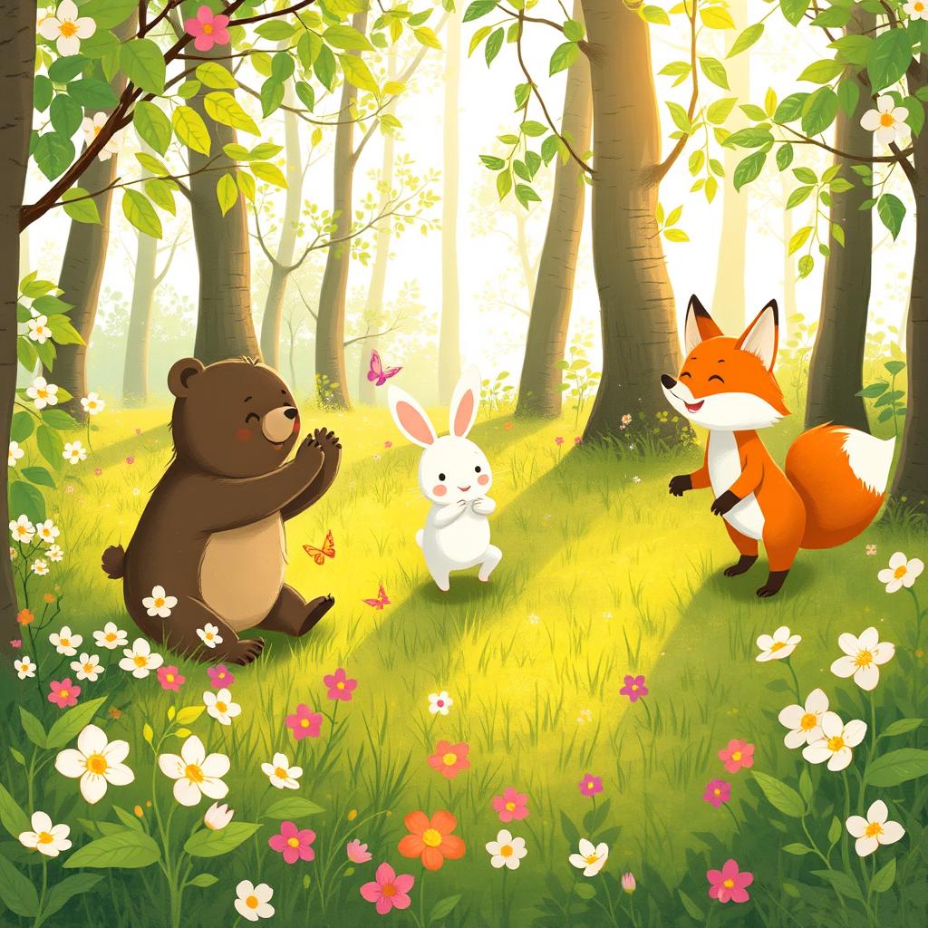 In a lively spring forest, a small bear, a cute white rabbit, and an adorable little fox are joyfully playing together