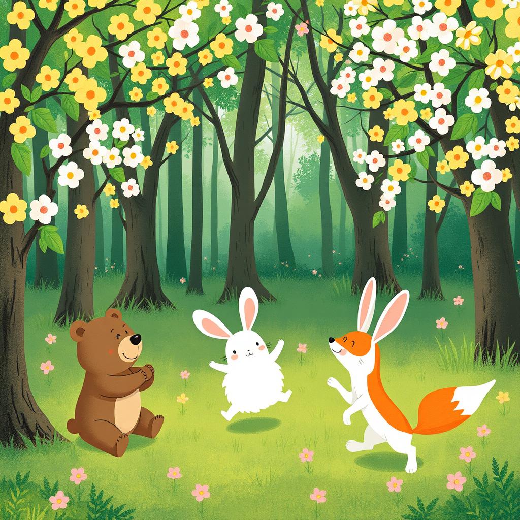 A delightful spring scene showcasing a little bear, a fluffy white rabbit, and a playful little fox joyfully playing together in a lush green forest