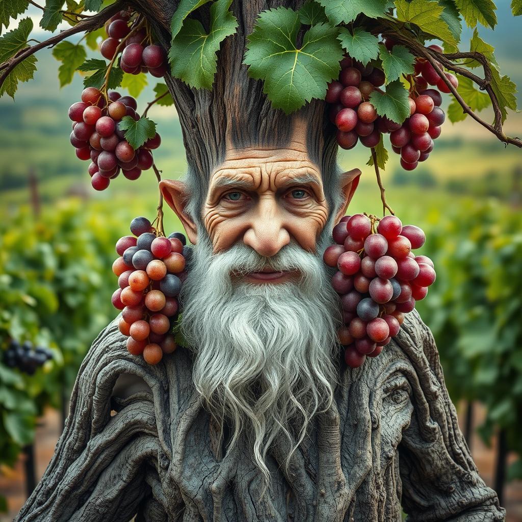 A mystical old man fused with the trunk of a grapevine tree, his body resembling the gnarled trunk with intricate bark textures