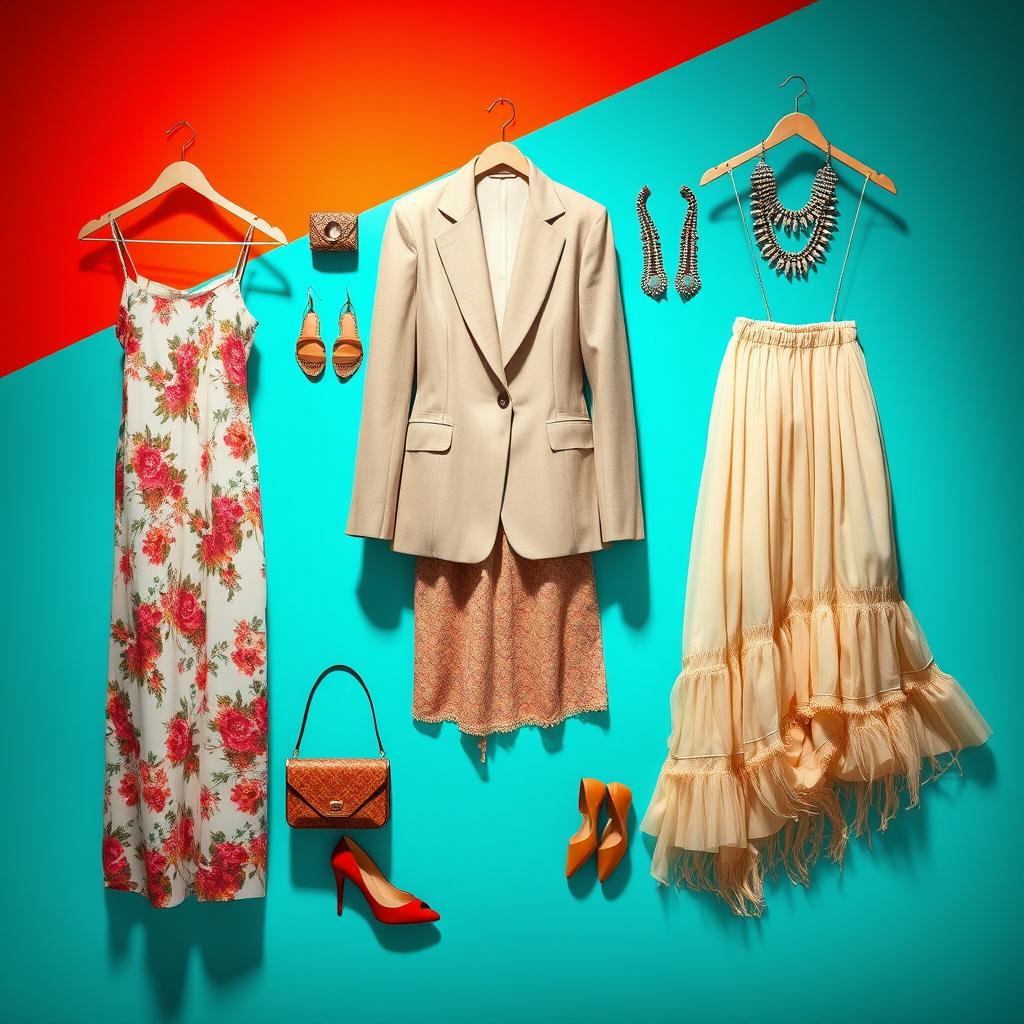 A fashionable and chic display of various clothing items set on a vibrant background
