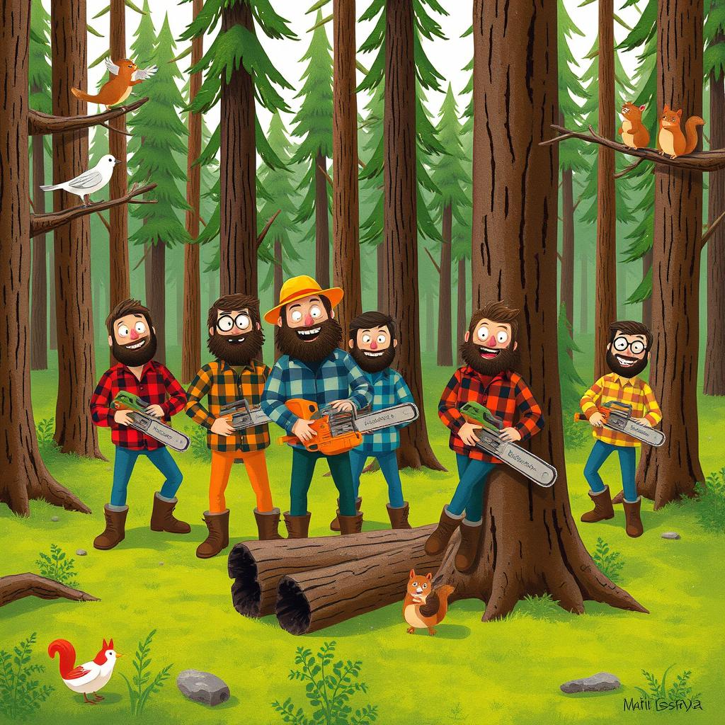 In a whimsical forest setting, a group of cheerful lumberjacks emerges, clad in colorful flannel shirts and sturdy boots