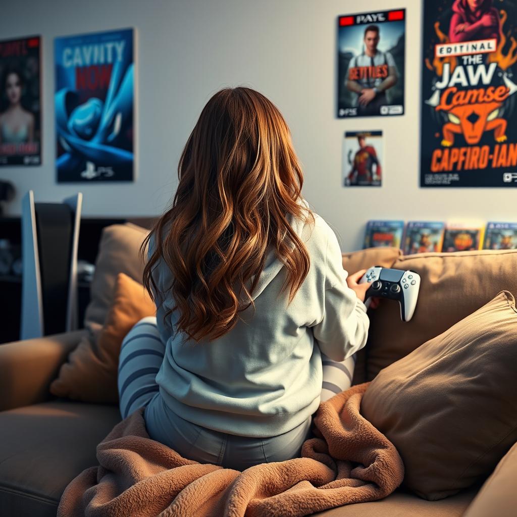 A girl sitting on a comfortable couch, playing PlayStation 5, viewed from the back