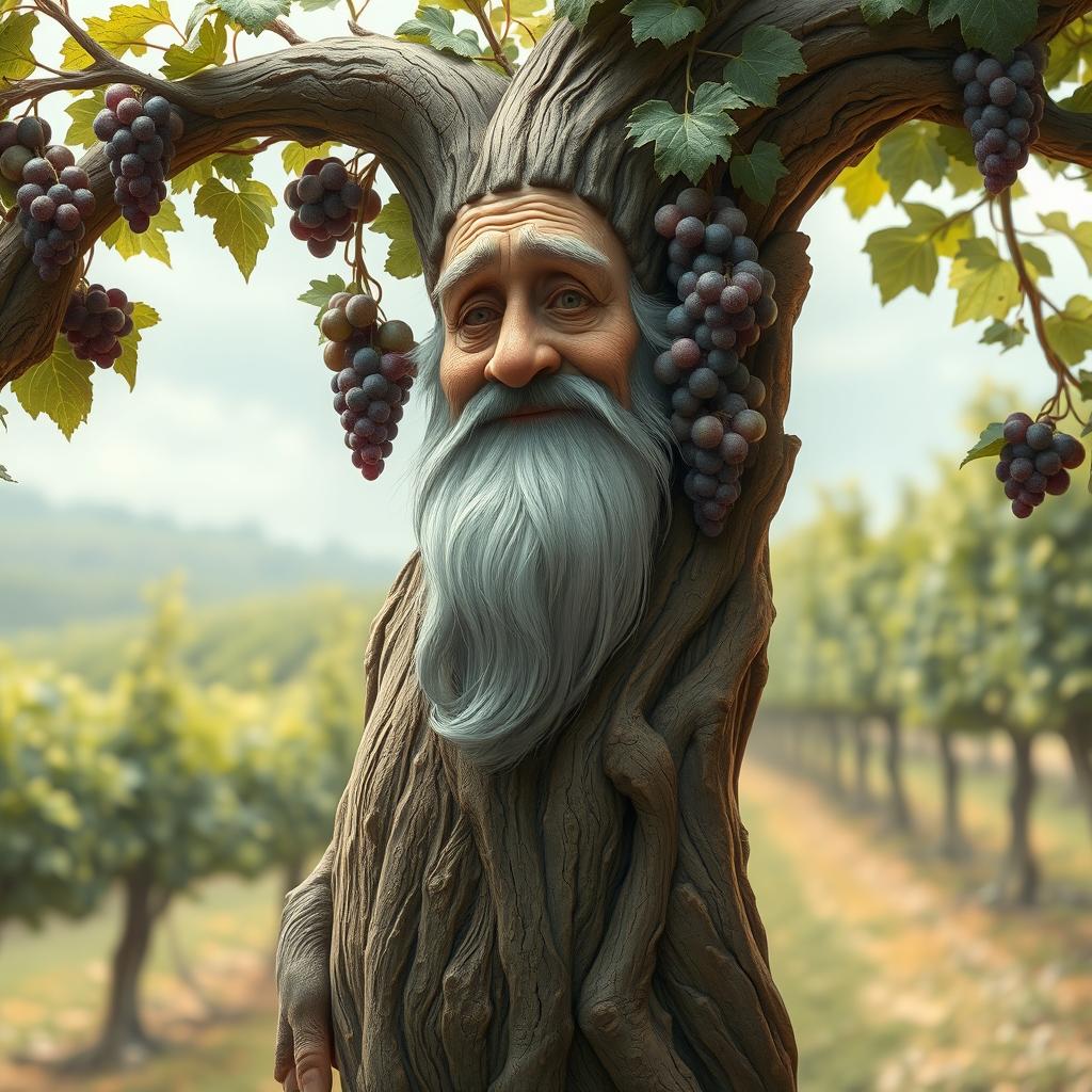 A fantastical old man fused with the trunk of a grapevine tree, whose body is thick and textured like the vine’s bark