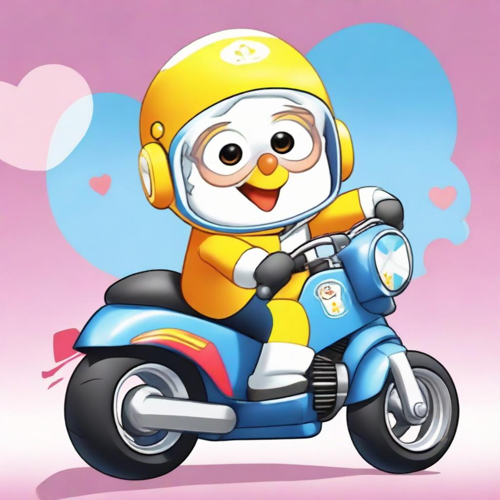 An image of a character named Doctor Love riding an automatic motorbike while wearing a Pororo-themed helmet.