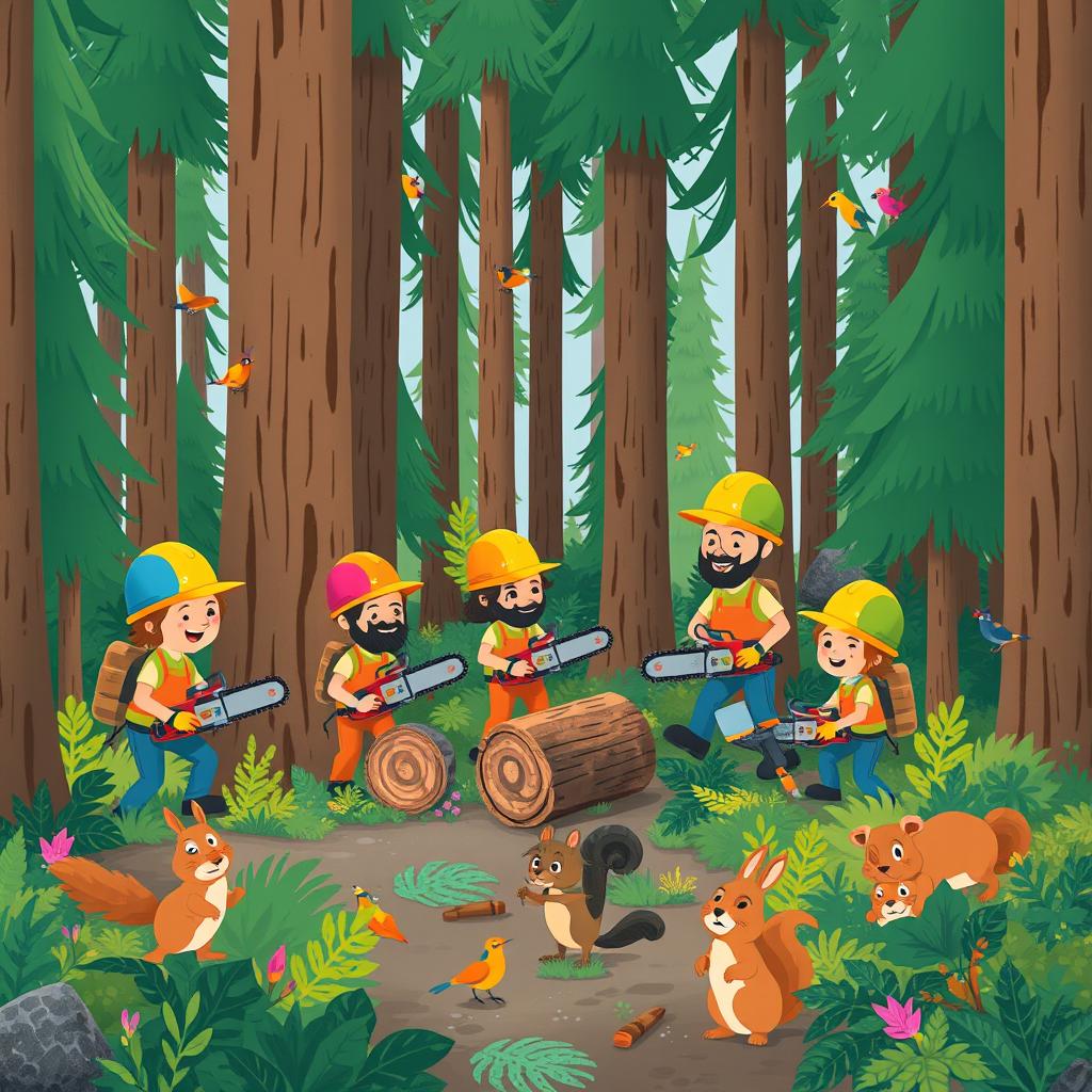 In a whimsical forest scene, a group of cheerful lumberjacks wearing colorful safety helmets are busily working among the tall trees