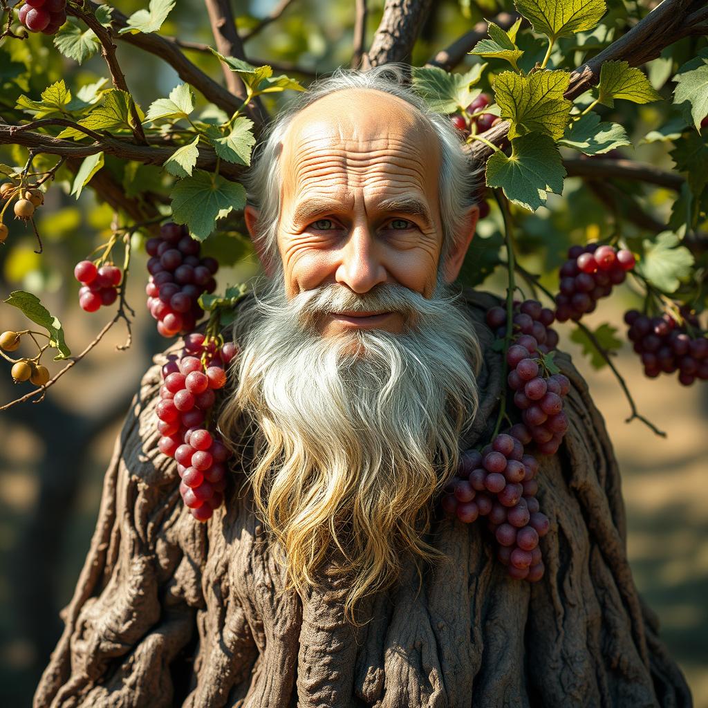 A mystical fusion of an old man and the trunk of a grapevine tree